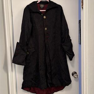 Funhouse NYC Gothic Steampunk coat with a black damask pattern and red lining L